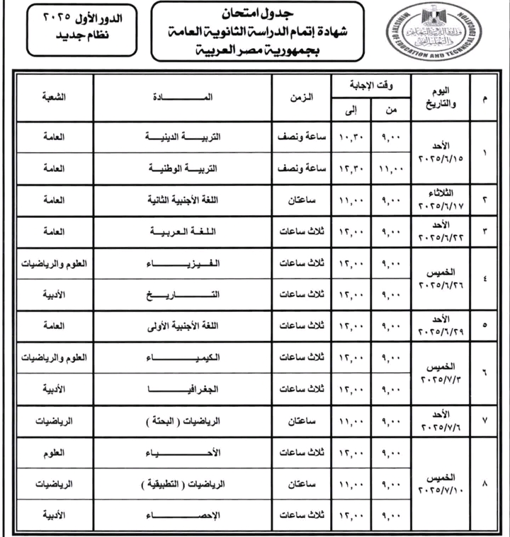 جدول امتحانات الثانوية العامة 2025 بعد التعديلات الجديدة ومواصفات الامتحانات
