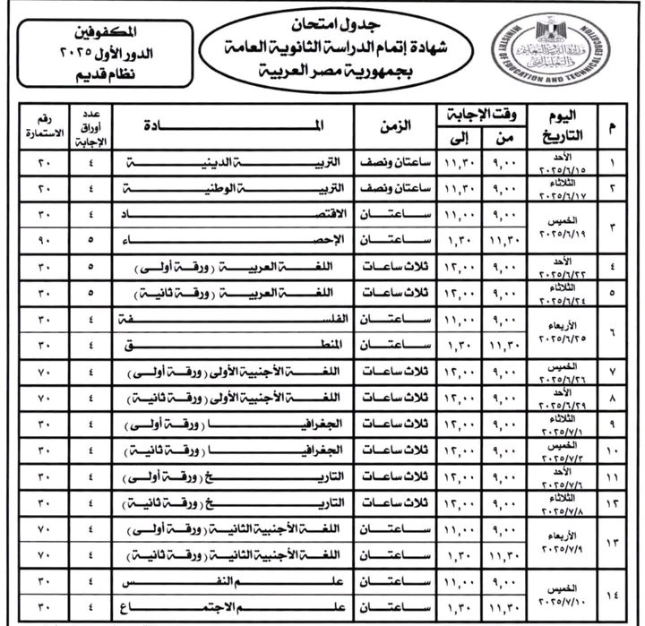 جدول امتحانات الثانوية العامة 2025 بعد التعديلات الجديدة ومواصفات الامتحانات