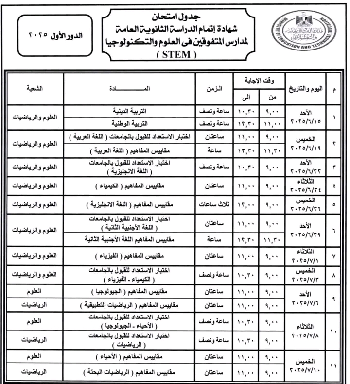 جدول امتحانات الثانوية العامة 2025 بعد التعديلات الجديدة ومواصفات الامتحانات