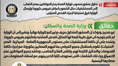 الحكومة تنفي منشورا للصحة بعدم الذهاب للمستشفى حال الشعور بأعراض كورونا وإرسال فرق لإجراء فحص منزلي