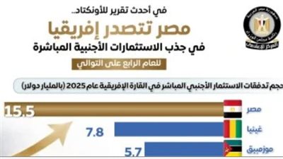 الصدارة الإفريقية المتجددة.. مصر تتصدر القارة في جذب الاستثمارات الأجنبية المباشرة للعام الرابع على التوالي