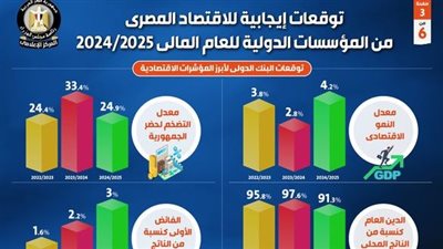 توقعات إيجابية للاقتصاد المصري من المؤسسات الدولية للعام المالي 2024/ 2025.. بالإنفوجراف